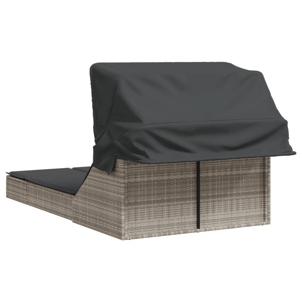 Ligbed 2-persoons met luifel en kussens poly rattan lichtgrijs