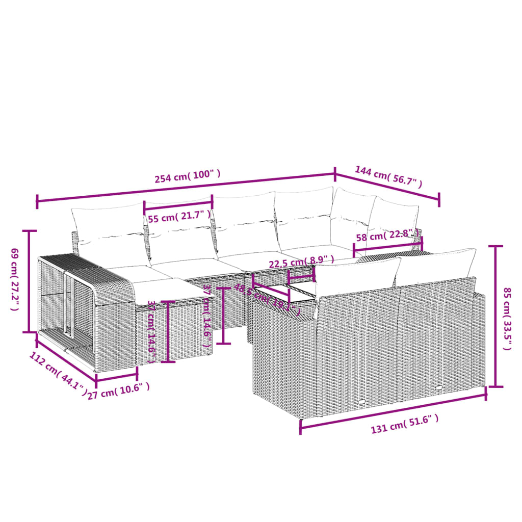 11-delige Loungeset met kussens poly rattan grijs